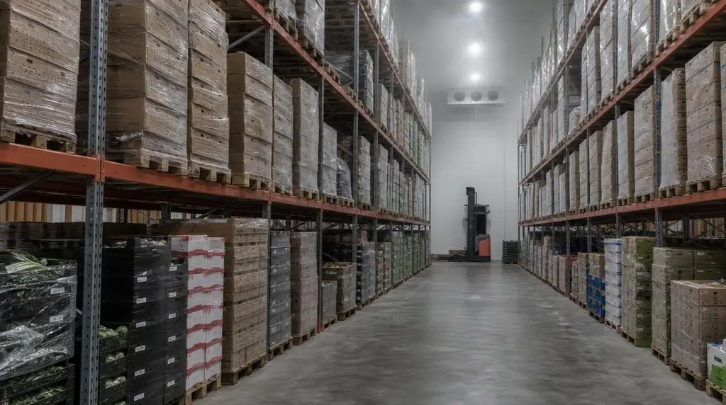 Koelcel met kratten fruit en groente op pallets