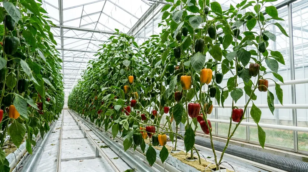 Paprikaplanten met groene, oranje en rode paprikaalt=