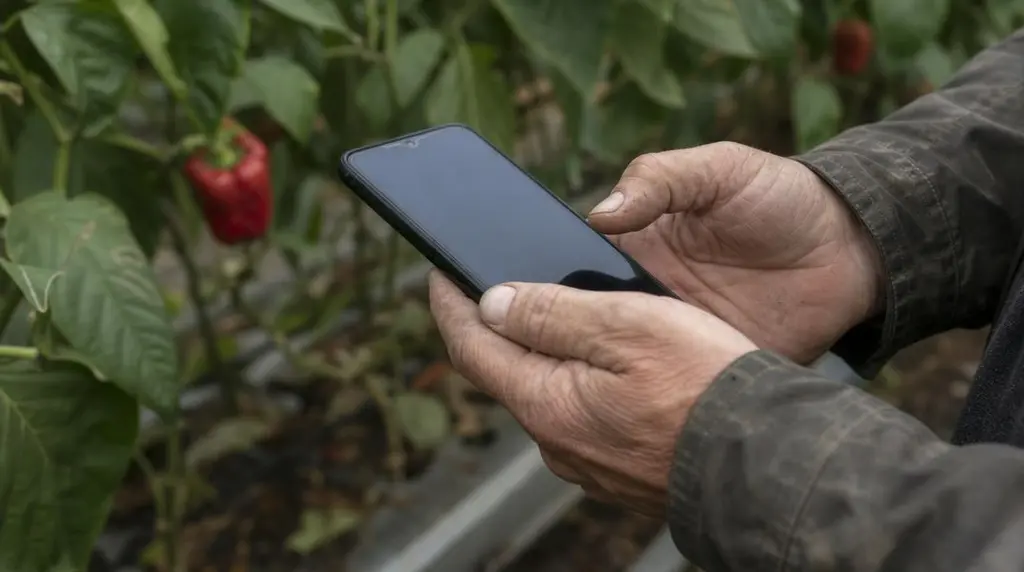 Handen met een telefoon tussen de planten in de kas