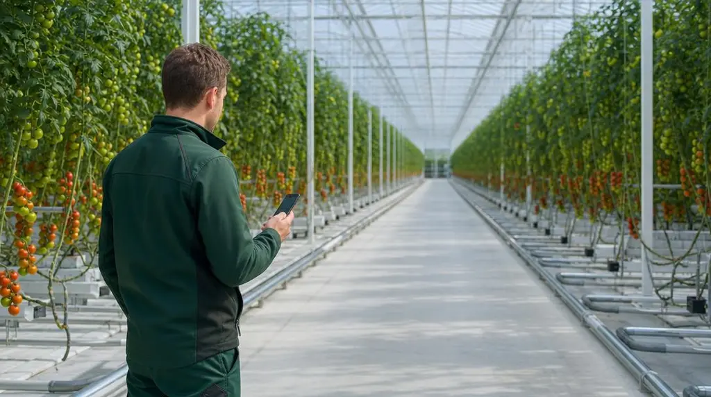 Teler in de kas die zijn telefoon bekijkt
